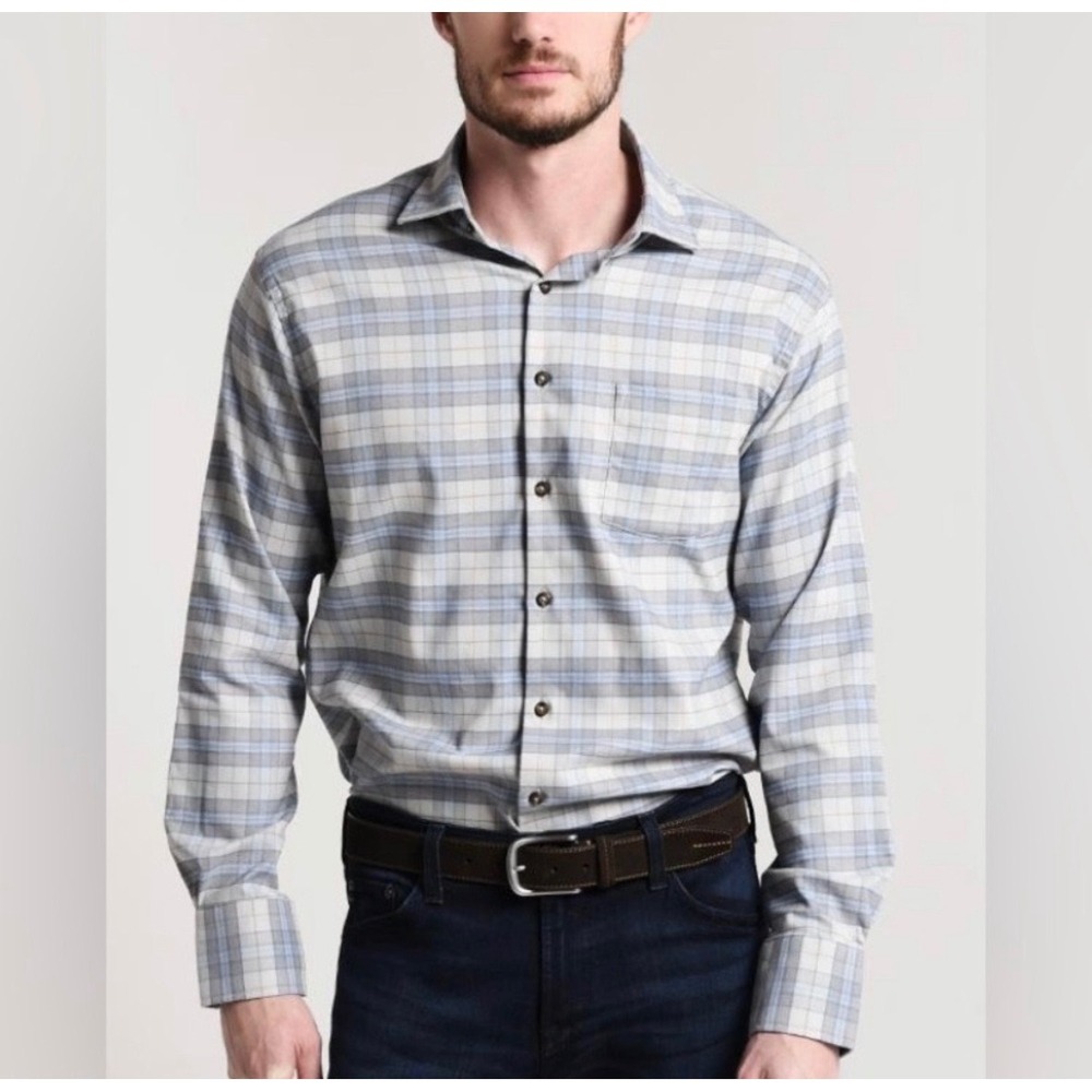 Peter Millar‎ Mens Medium Blue Gray Plaid Leavell Performance Button Down Shirt